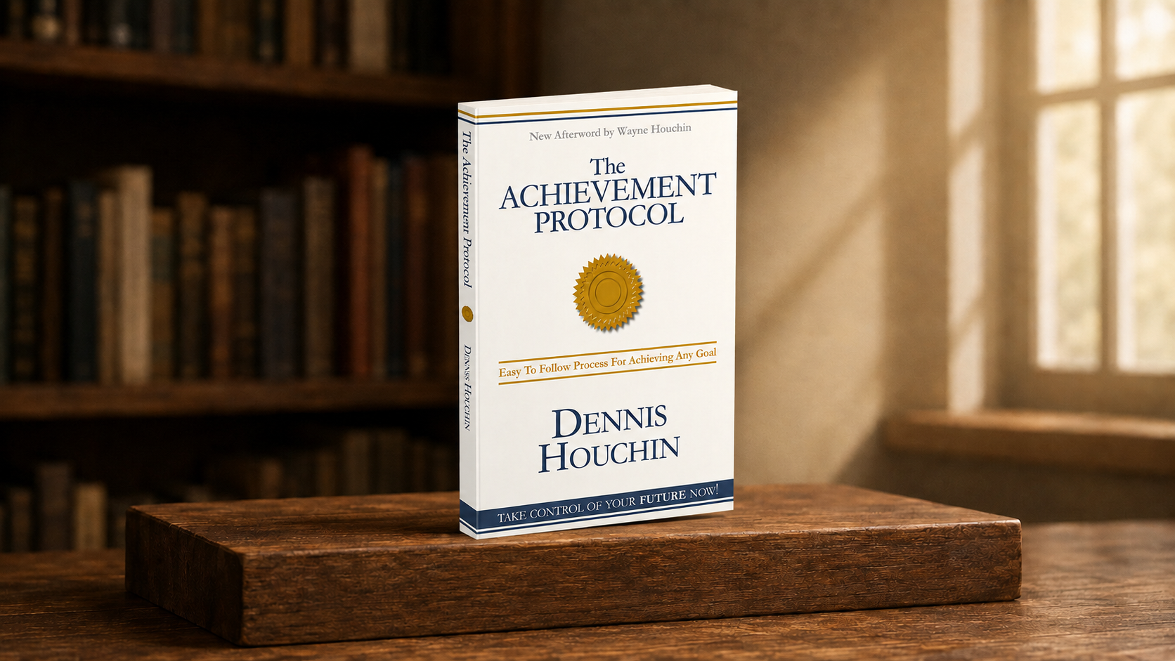 The Achievement Protocol displayed on a wooden stand in a warm library