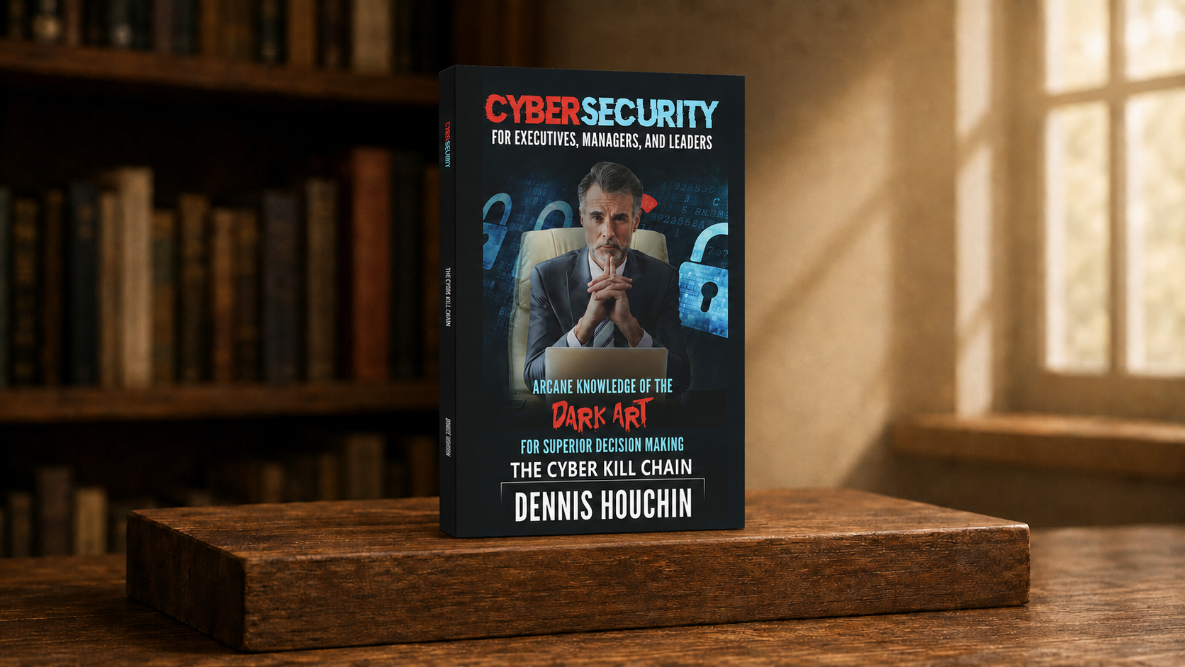 Cybersecurity: The Cyber Kill Chain displayed on a wooden stand in a warm library
