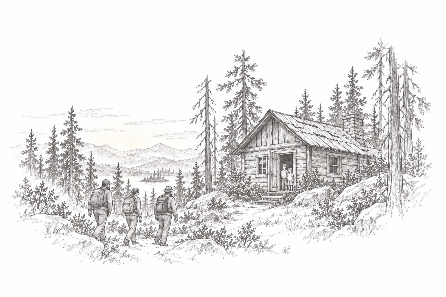 Pencil illustration of a family approaching a woodland cabin where Jimmy and Jenny wait in the doorway