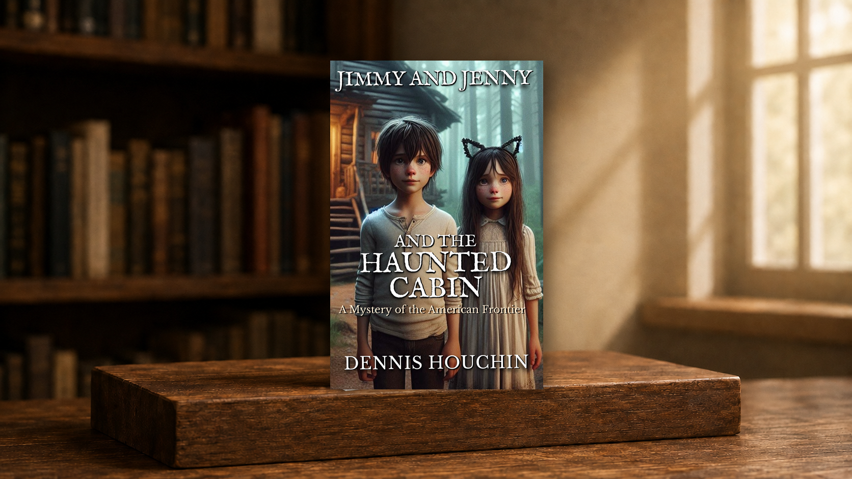 Jimmy and Jenny and the Haunted Cabin displayed on a wooden stand in a warm library