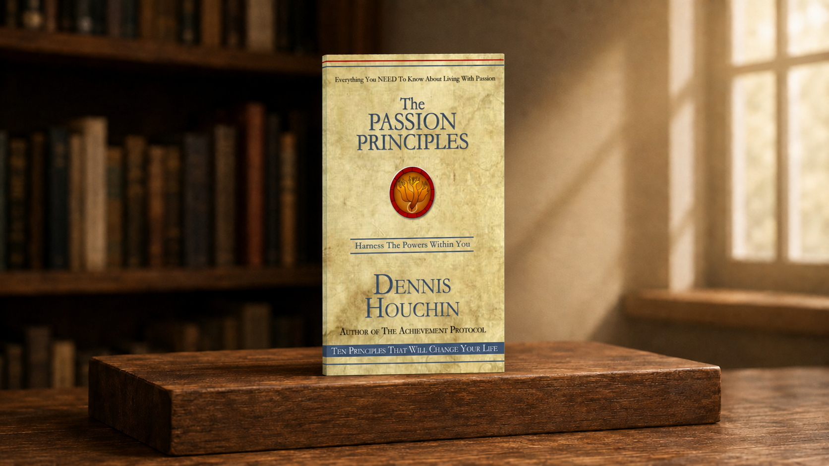 The Passion Principles displayed on a wooden stand in a warm library