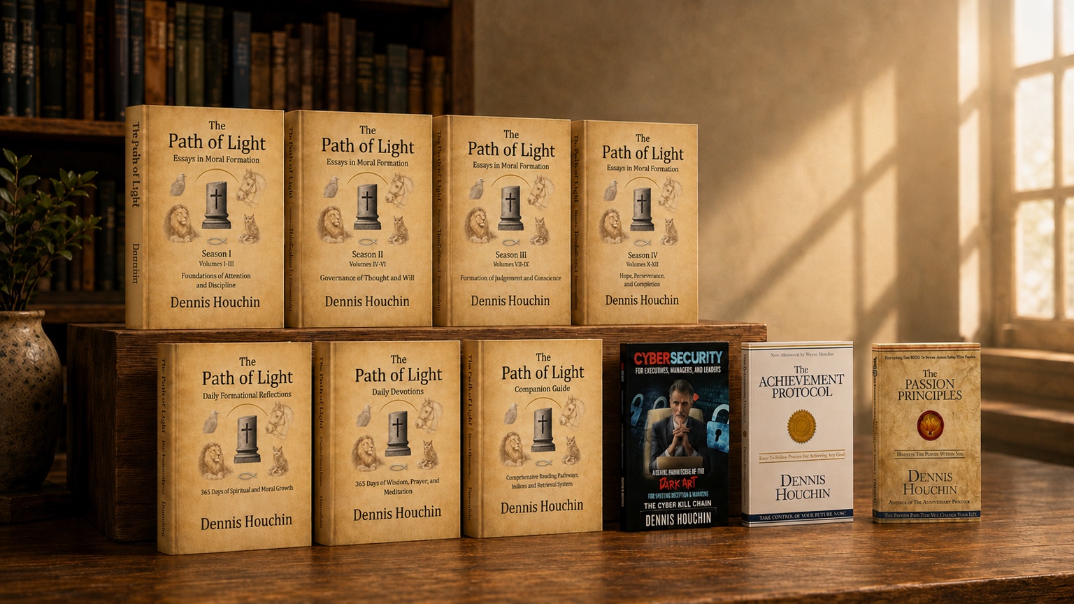 The complete Path of Light series and three earlier books displayed on warm wooden shelves in a sunlit library