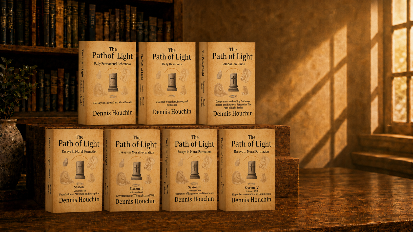 The seven Path of Light works displayed in a warm, sunlit library